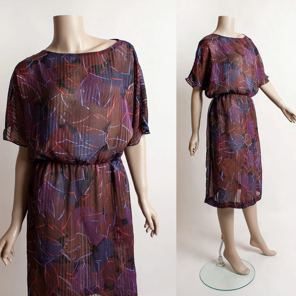 Vintage 1980s Leaf Print Autumn Sheer Dress Purple 80s Flutter Sleeve